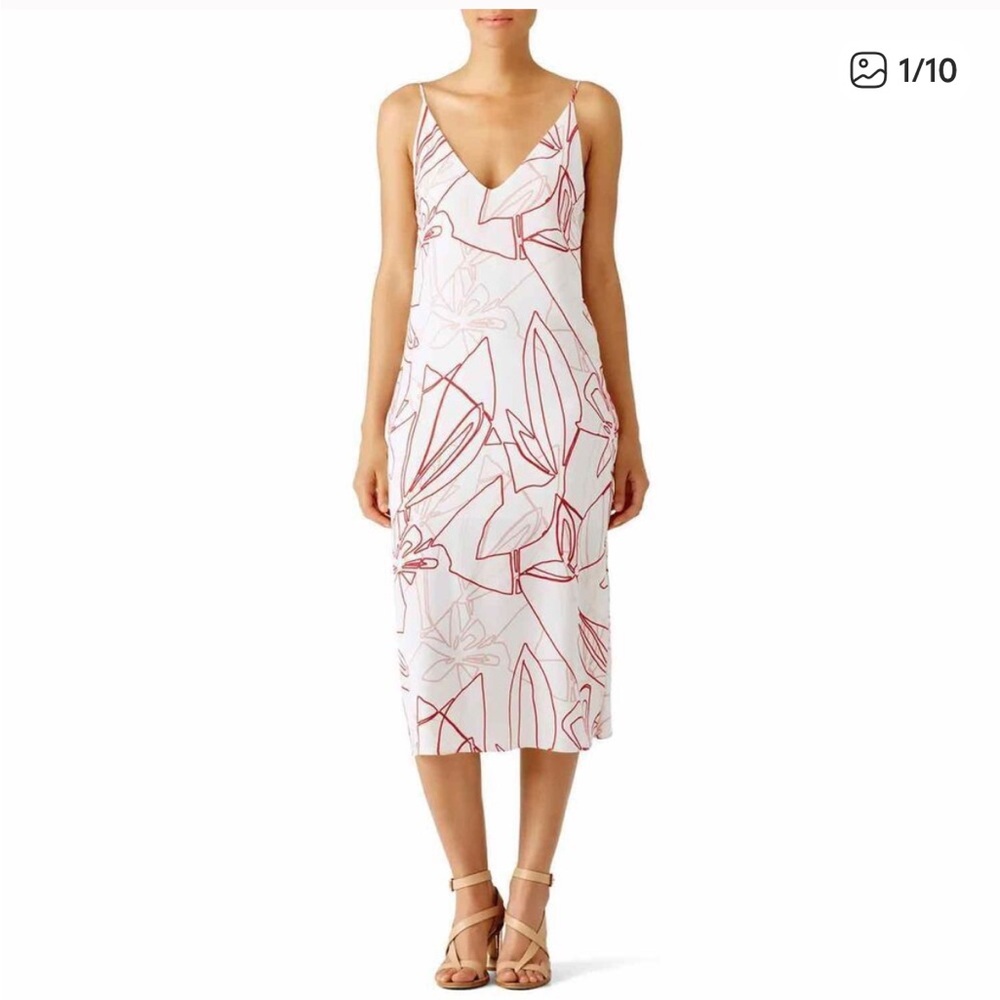 C/MEO Collective Abstract Leaf Vacation Midi Slip Dress in Red White Small